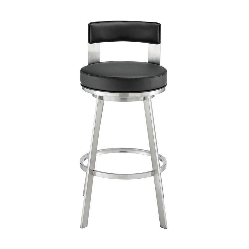 Ami 26 Inch Swivel Counter Stool Chair, Black Faux Leather, Stainless Steel - Benzara