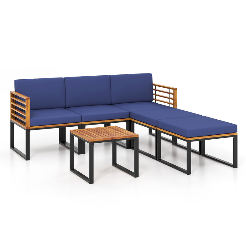 6 Piece Patio Acacia Wood Conversation Sofa Set with Ottomans and Coffee Table-Navy