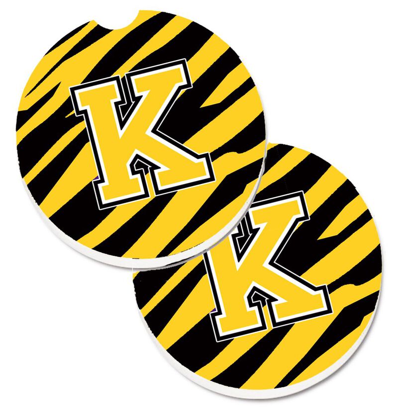 Caroline's Treasures Monogram Initial K Tiger Stripe - black Gold Set of 2 Cup Holder Car Coasters CJ1026-KCARC, 2.56, Multicolor