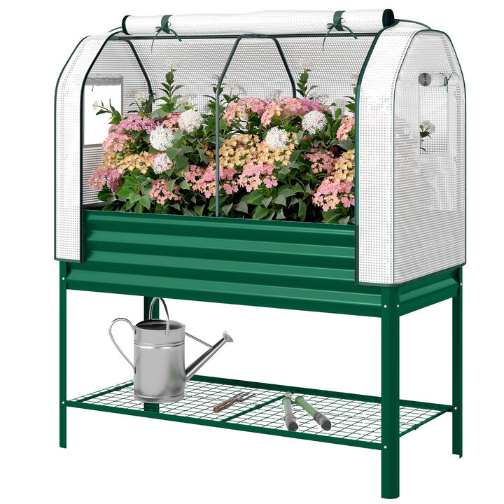 Hivvago Metal Raised Planter with Greenhouse Cover and Shelf