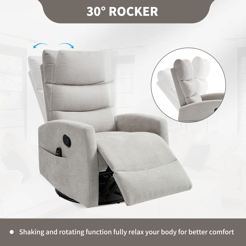 Heat Massage Manual Recliner Chair with Rocker and Swivel in Fabric for Living Room, White