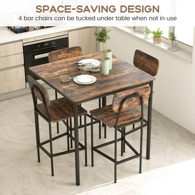 5 Pieces Industrial Dining Table Set with Counter Height Table and 4 Bar Stools