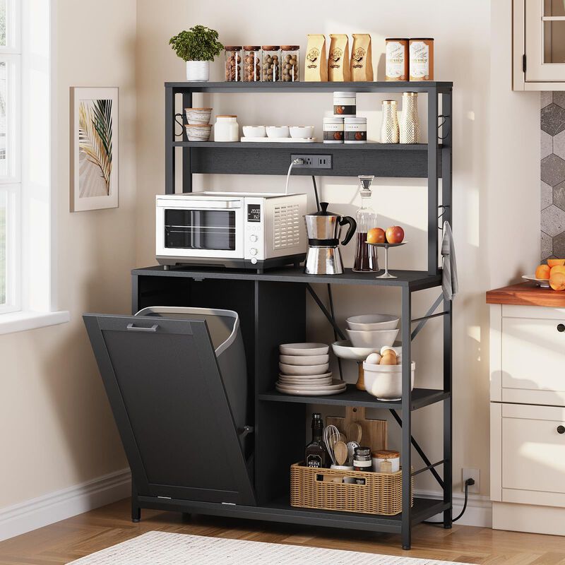 5 Tier Kitchen Bakers Rack with Microwave Shelf and Trash Bin Cabinet-Black image number 3