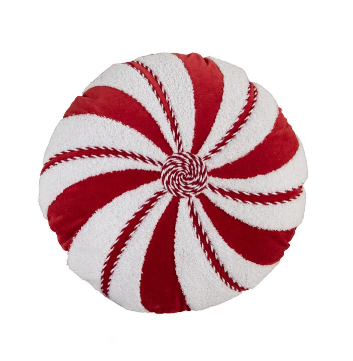 HomeRoots 16" Red And White Cotton Velvet Round Christmas Striped Throw Pillow