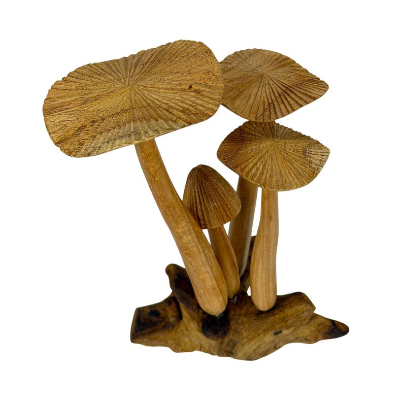 Wood Mushroom Figurine Sculpture On Root Base Natural Tabletop Accent image number 2