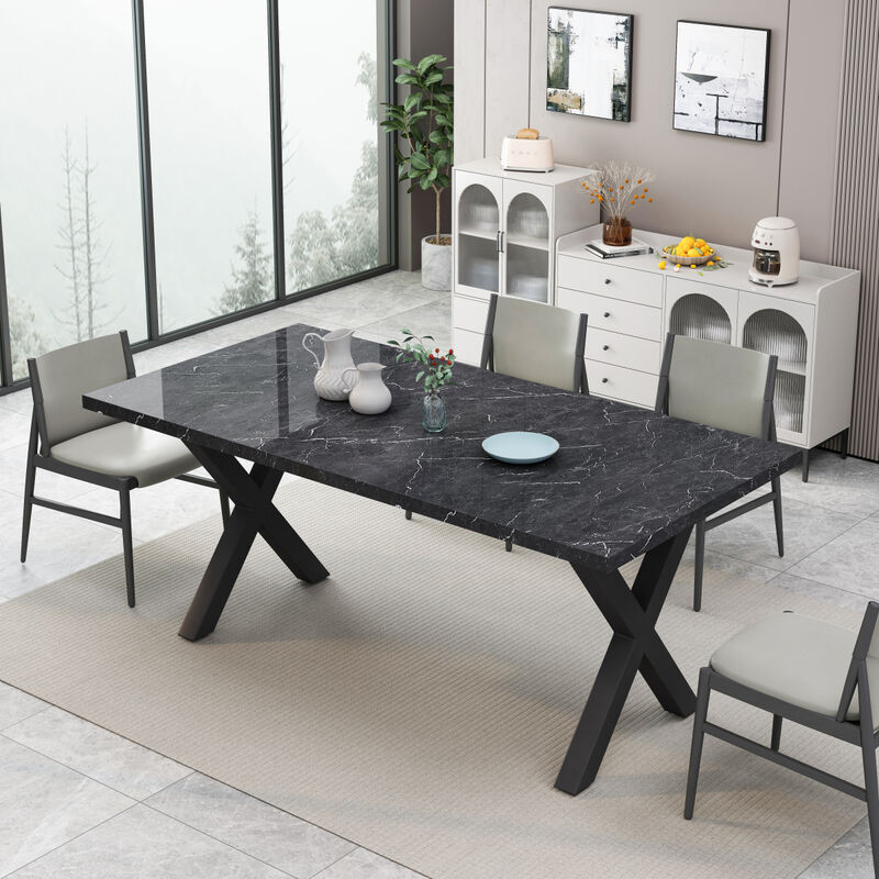 70.87" Modern Square Dining Table with Printed Black Marble Tabletop+Black X-Shaped Table Leg