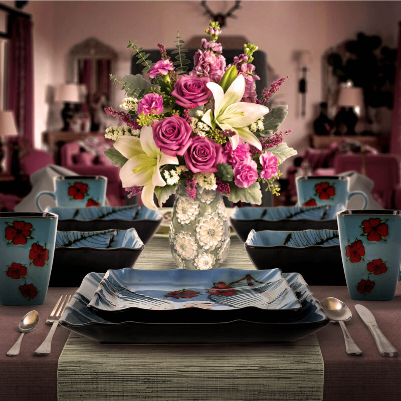 Elama Aloha Tide 16 Piece Luxurious Stoneware Dinnerware with Complete Setting for 4