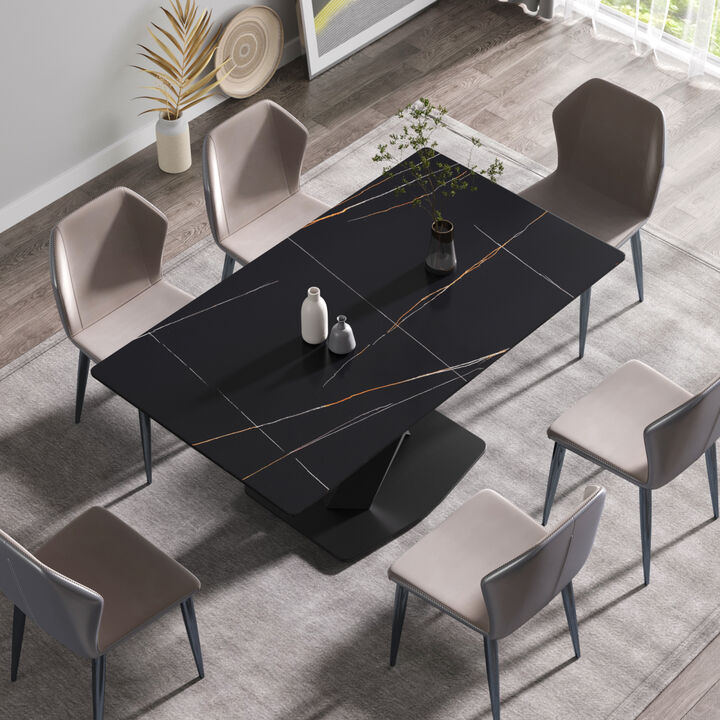 63-inch modern artificial stone black straight edge black metal X-leg dining table -6 people