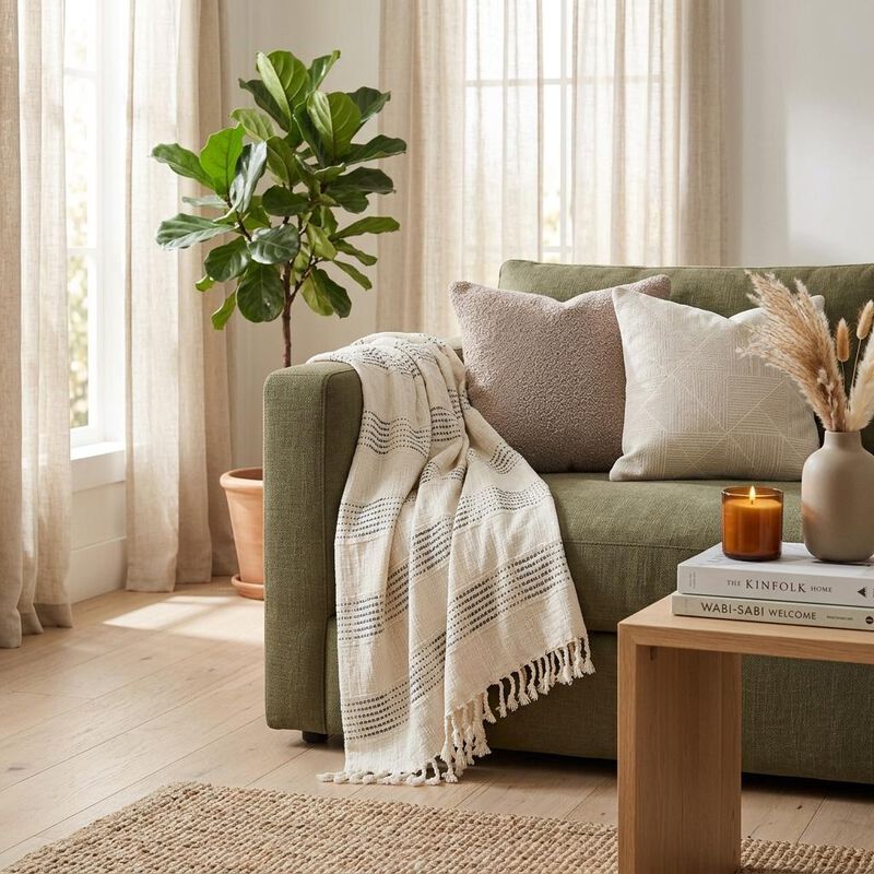 HomeRoots Beige and Gray Woven Cotton Throw Blanket with Fringe image number 1