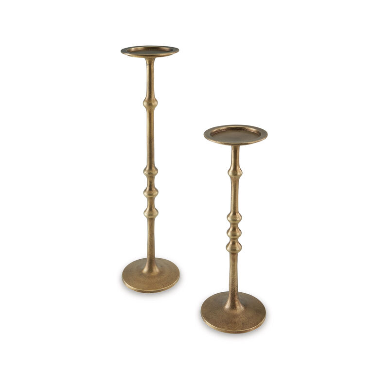 Lara Candle Holder Set of 2, Cast Aluminium, Antiqued Brass Toned Finish - Benzara