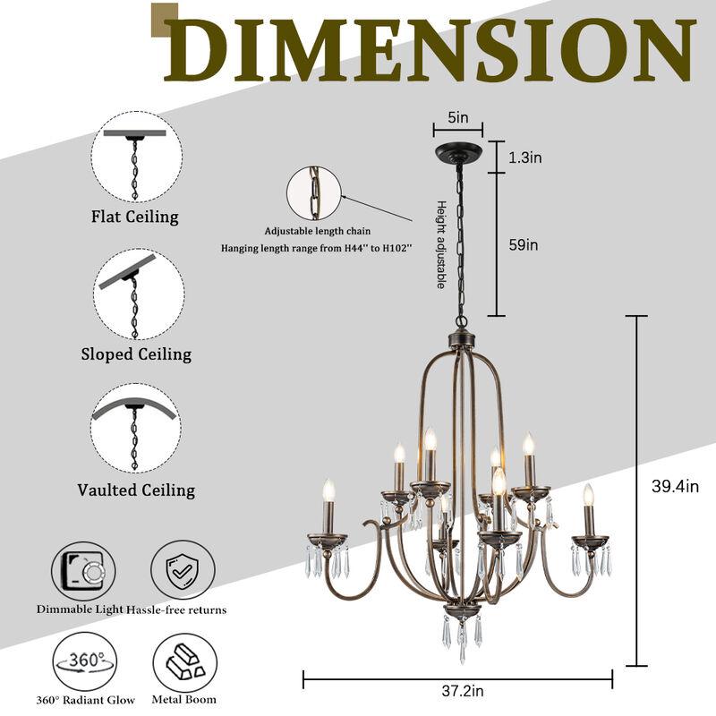 35'' 8-Light Antique Bronze Dimmable Traditional Metal Chandelier with Crystal Accents and Adjustable Hanging Height for Dining Room Foyer or Living Room image number 6