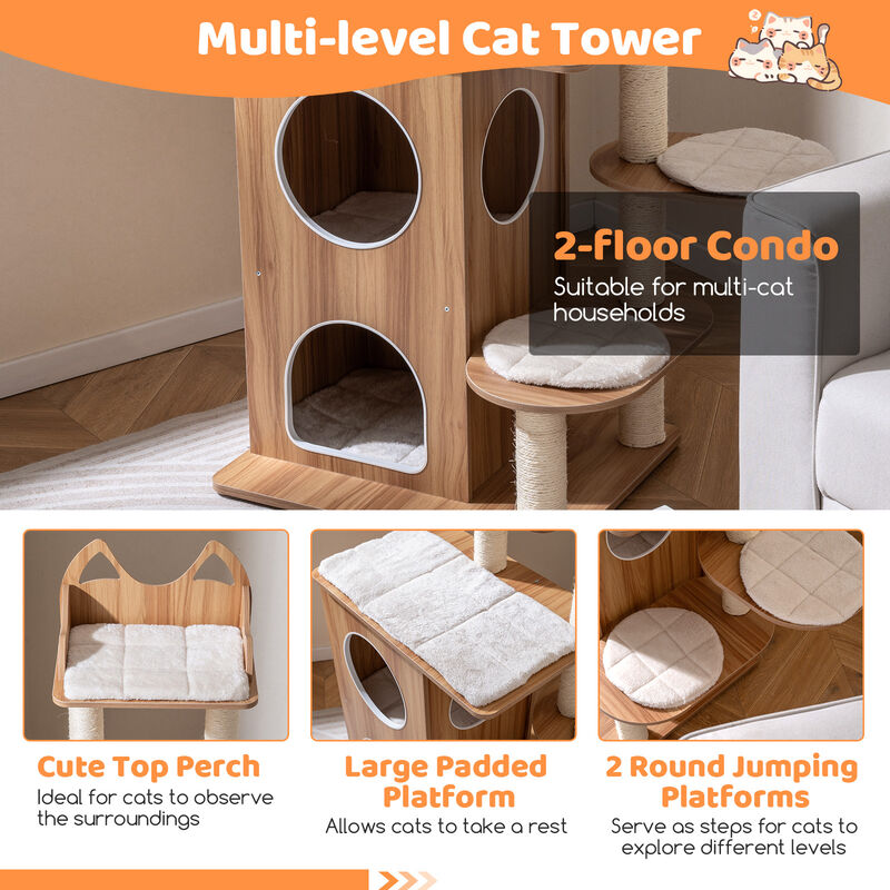 Wooden Cat Tree with 2 Level Condo and Removable Washable Cushions-Natural image number 5