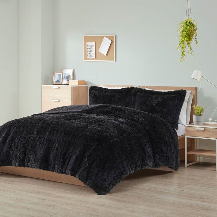 Full/Queen Black Soft Sherpa Faux Fur 3 Piece Comforter Set with Pillow Shams