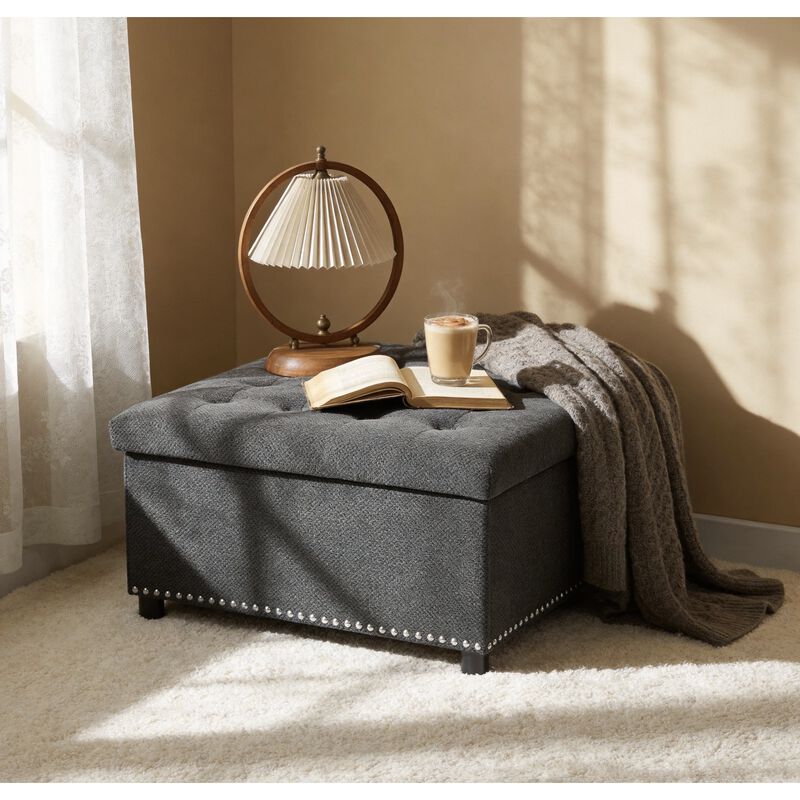 Square Storage Ottoman with Tufted Top & Nailhead Trim, Footstool, Dark Grey image number 1