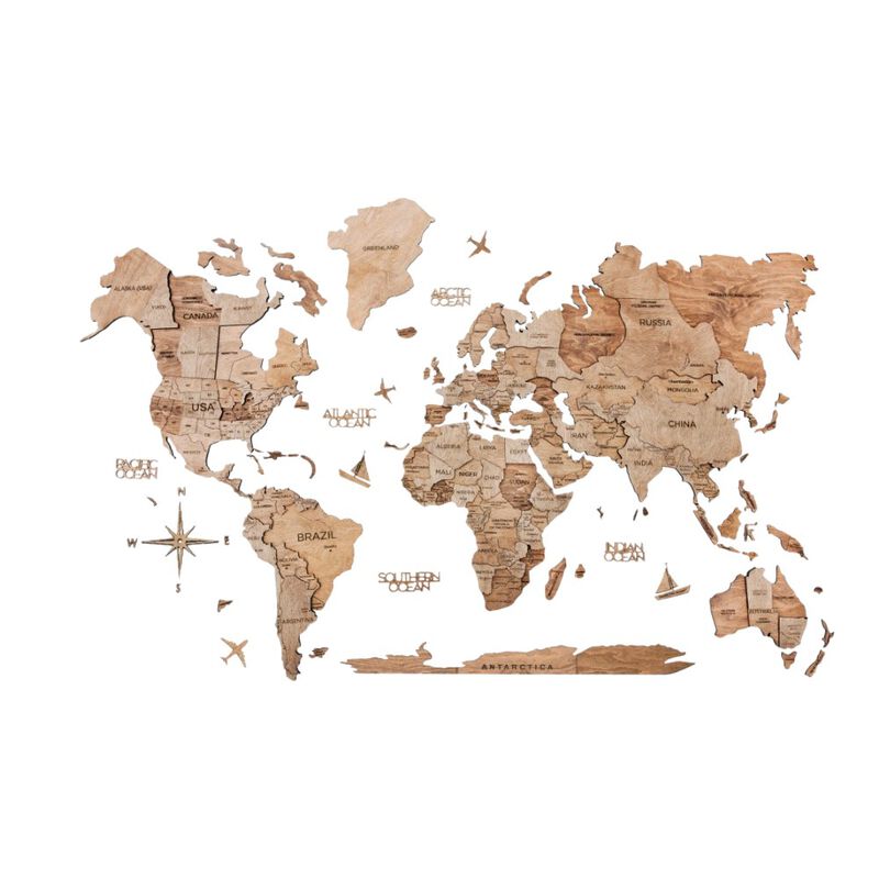 HomeRoots 35" X 59" Wood Brown Wood World Map Hanging Dimensional Sculpture image number 0