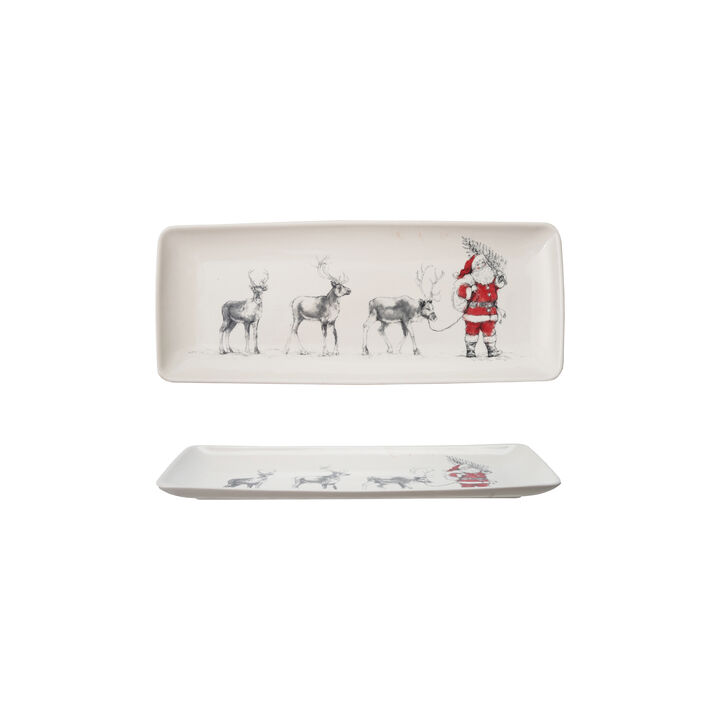 Stoneware Serving Platter with Santa Leading Reindeer Image, Red, Black and White