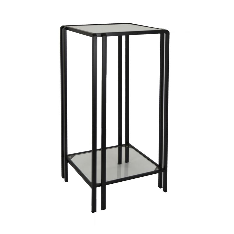 Buckley Plant Stand Table, Black Metal, Square Mirrored Top, 28 Inch - Benzara