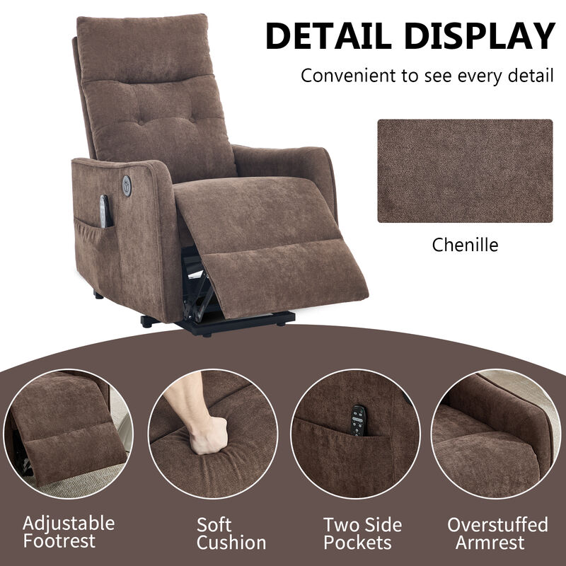 Chenille Single Motor Power Lift Recliner Chair with Heat Massage and USB Charging for Elderly