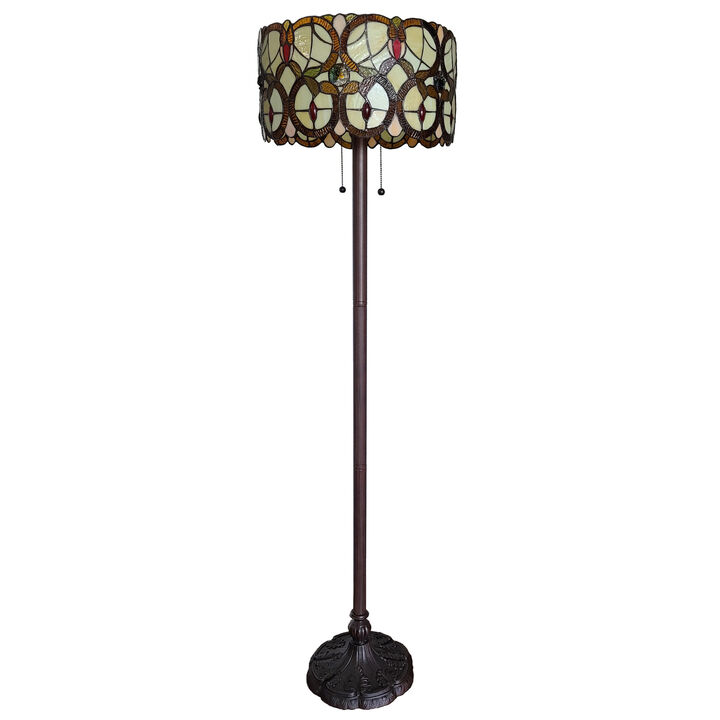 Hivvago 63" Beige Metal Two Light Torchiere Floor Lamp With Red And White Flowers Glass Drum Shade