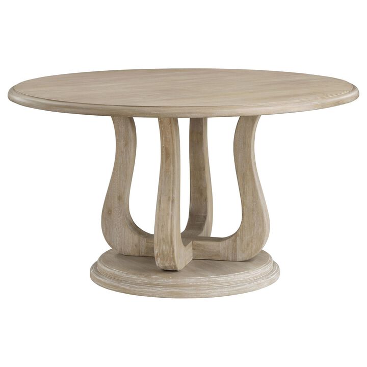 Eva Round Dining Table, Pedestal Base, White Washed Brown Wood 60 Inch - Benzara