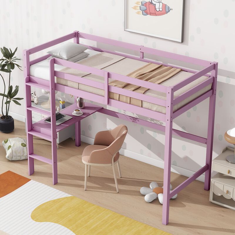 Whisen Twin High Loft Bed, Rubber Wood Loft Bed with Ladder, Safety Guardrail and built-in desk - Gray