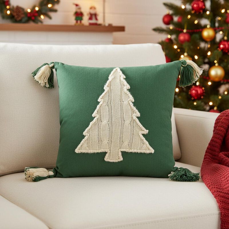 HomeRoots 18" Green And Ivory Cotton Christmas Tree Throw Pillow with Tassels image number 1