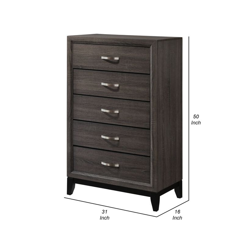 50 Inch Classic 5 Drawer Tall Dresser Chest with Metal Handles, Oak Gray-Benzara