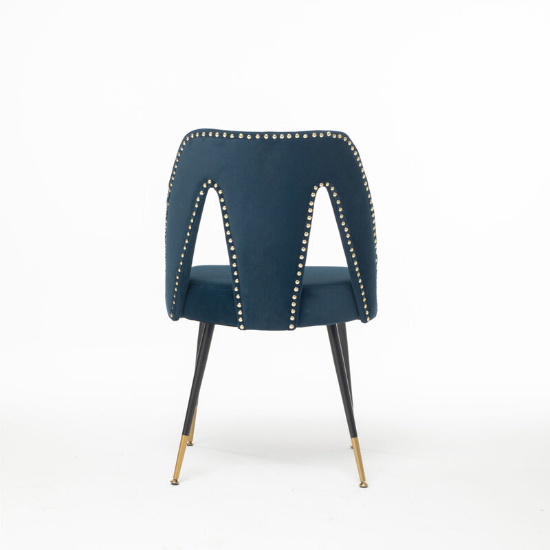 Modern Contemporary Velvet Upholstered Dining Chair with Nailheads and Gold Tipped Black Metal Legs, Black, Set of 2