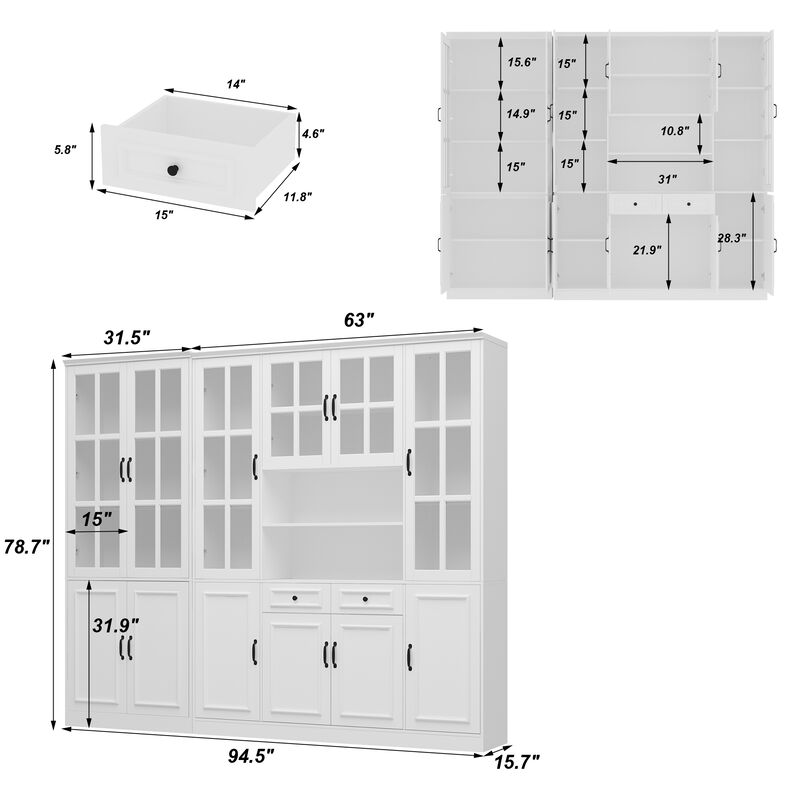 FUFU&GAGA White Bookcase Set –4-Door Bookcases + 8-Door Bookcase with Glass Doors and Black Handles – Modern Storage and Organizing Solution, (78.7 in. H x 94.5 in. W x 15.7 in. D),White