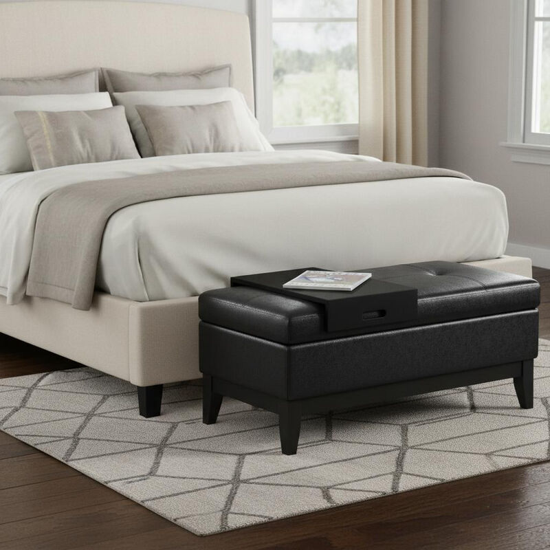 HomeRoots 42" Black and Dark Brown Tufted Faux Leather and Solid Wood Upholstered Storage Bench With Tray image number 1