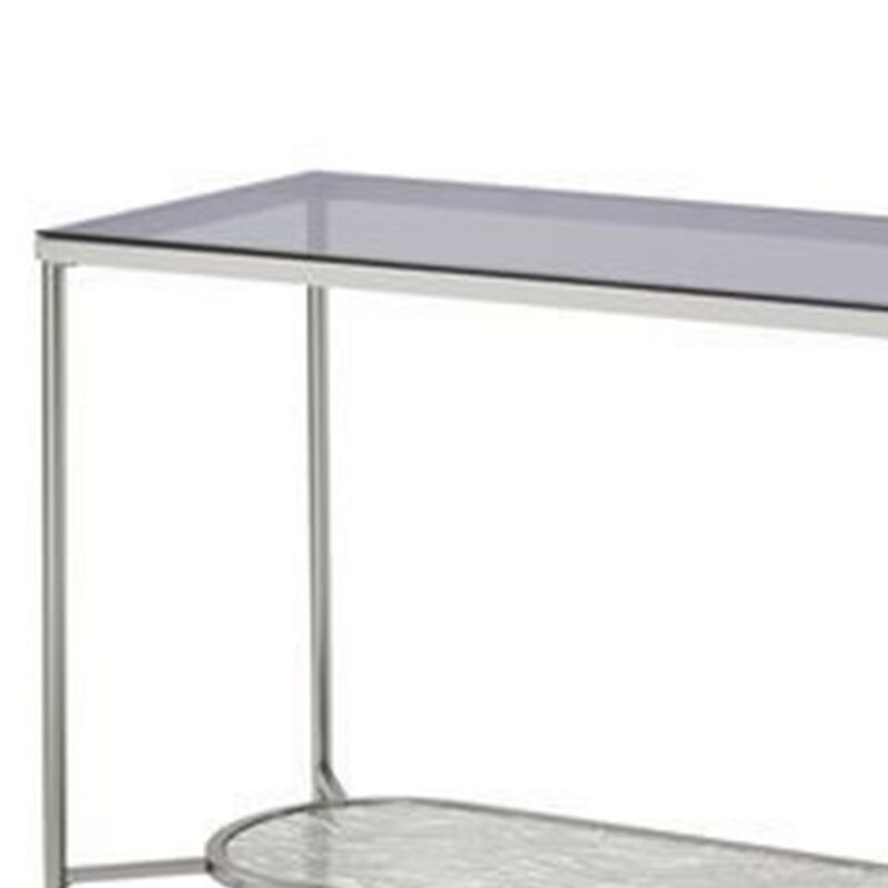 Sofa Table with Textured Obround Shelf, Silver-Benzara