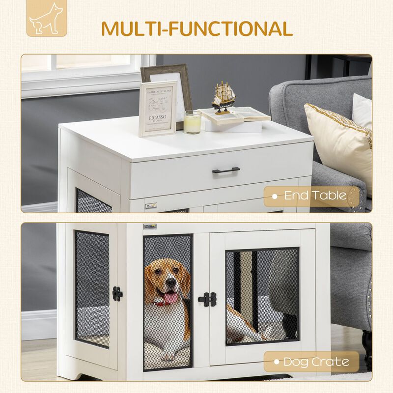 Dog Crate Furniture with Soft Water-Resistant Cushion, Dog Crate End Table with Drawer, Puppy Crate for Small Dogs Indoor with 2 Doors, White