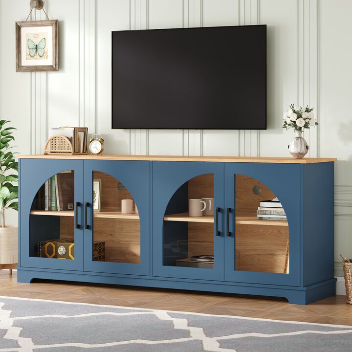 Merax Modern TV Cabinet with Glass-Front Storage, Adjustable Shelving, Built-In Cable Holes