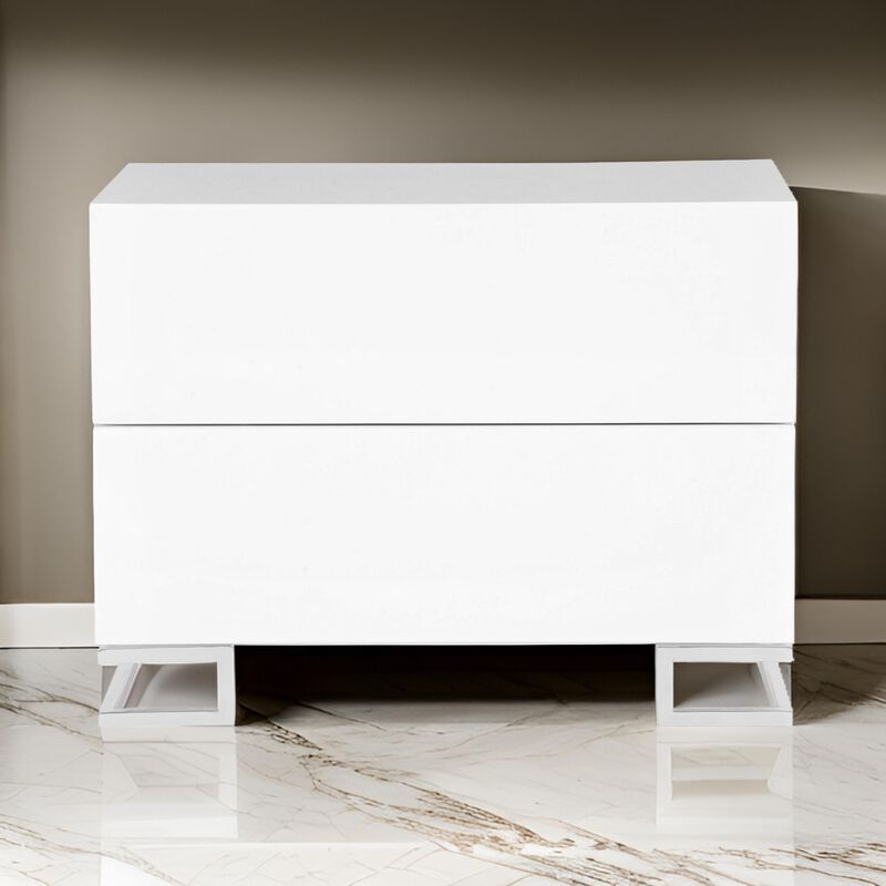 Sam 20 Inch Nightstand, 2 Drawers, White Wood, High Polished Metal Legs - Benzara