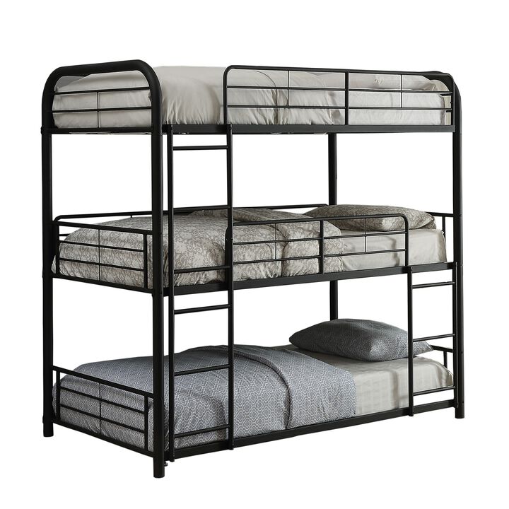 Triple Layer Full Size Metal Bunk Bed with Attached Ladder, Black-Benzara