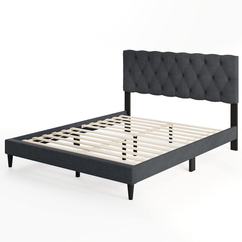 Upholstered Platform Bed with Tufted Headboard and Sturdy Wooden Slats
