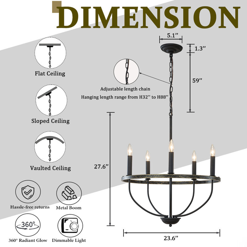 26'' 5-Light Modern Matt Black Classic Candelabra Chandelier Industrial Candle Pendant Light For Living Room Dining Room And Entryway image number 5