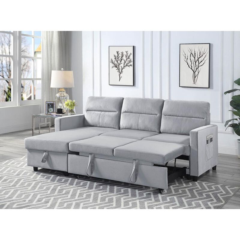 Lilola Home Ruby Light Gray Velvet Reversible Sleeper Sectional Sofa with Storage Chaise and Side Pocket