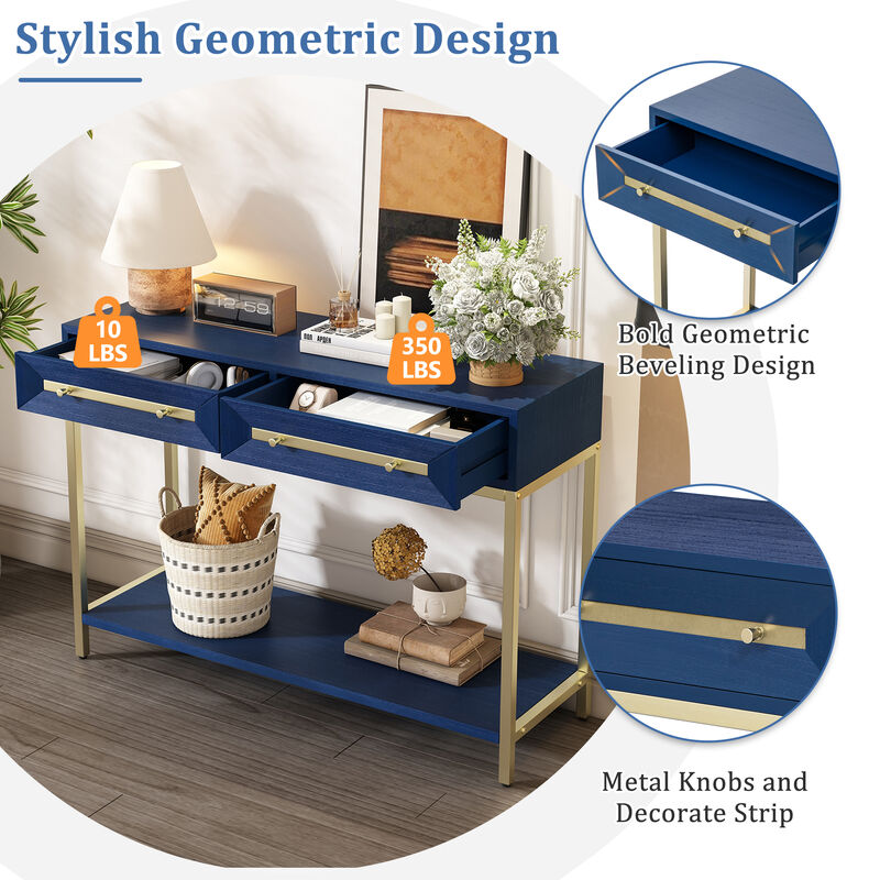 Whisen Entryway Console Table with Two Drawers, Retro Hallway Table with Geometric Design - Navy