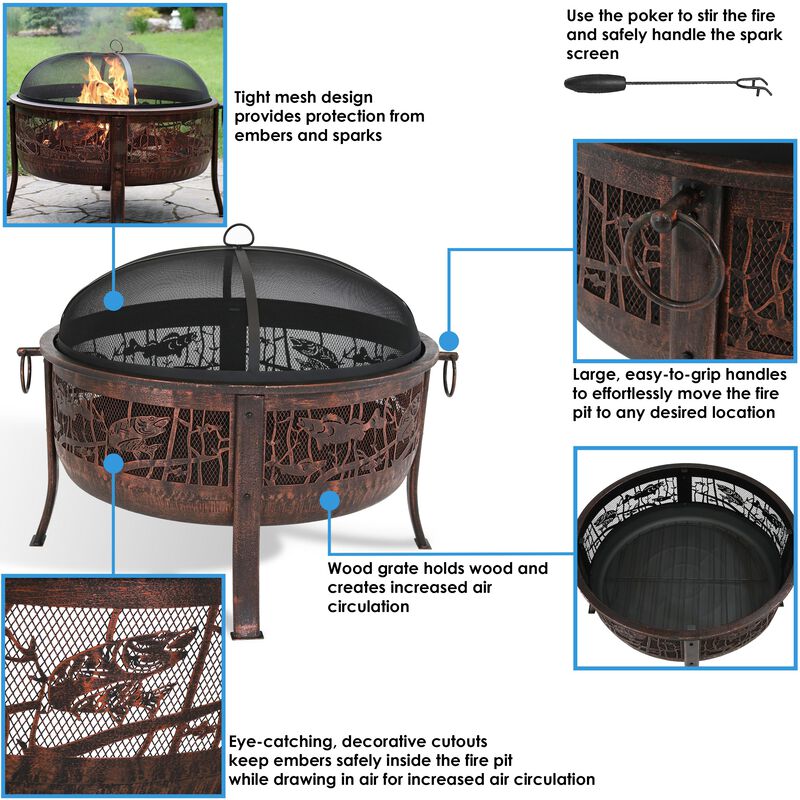 Sunnydaze 30 in Northwoods Fishing Steel Fire Pit with Spark Screen image number 4