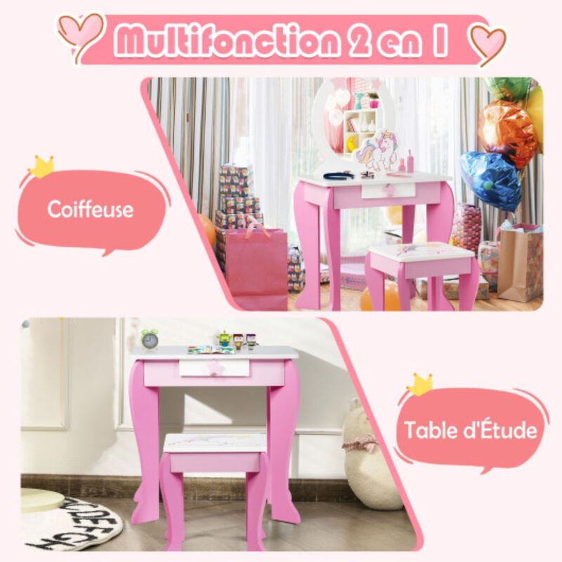 Kids Wooden Makeup Dressing Table and Chair Set with Mirror and Drawer-Pink