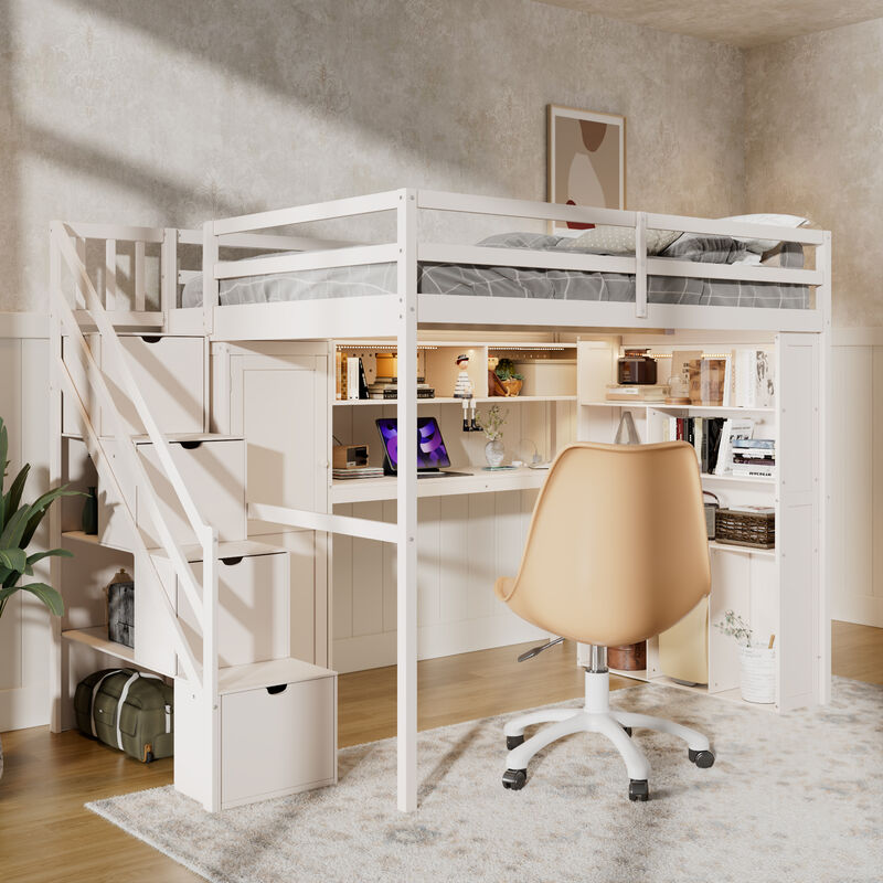 Whisen Full Loft Bed with Wardrobe Desk Shelves, Solid Wood Space-Saving for Bedroom Kids image number 6