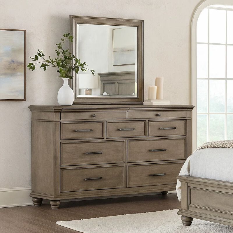 Zea Wide Dresser, 9 Drawers w Chrome Handle, Bun Feet, Aged Oak Brown image number 6