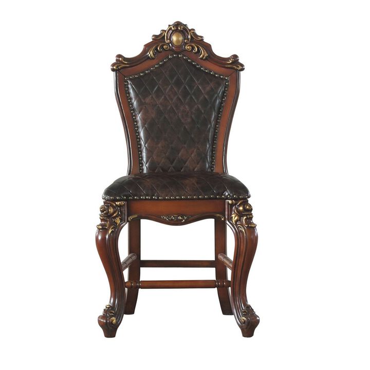 Leatherette Padded Counter Height Chair with Carvings, Set of 2, Brown-Benzara