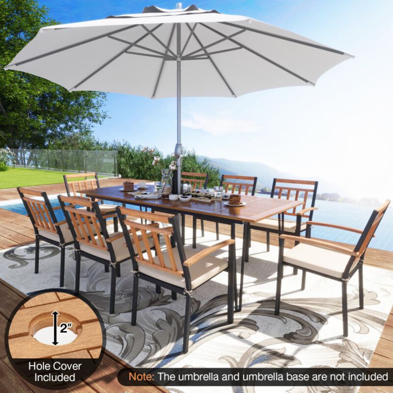 Mondawe 9-Piece Outdoor Patio Dining Set,86.5" Acacia Table With Umbrella Hole & 8 Cushioned Chairs