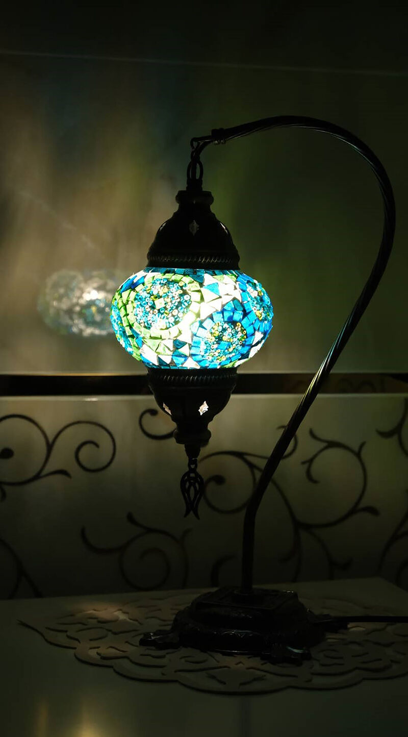 18 in. Handmade Swan Neck Turquoise Mosaic Glass Table Lamp with Brass Color Metal Base image number 1