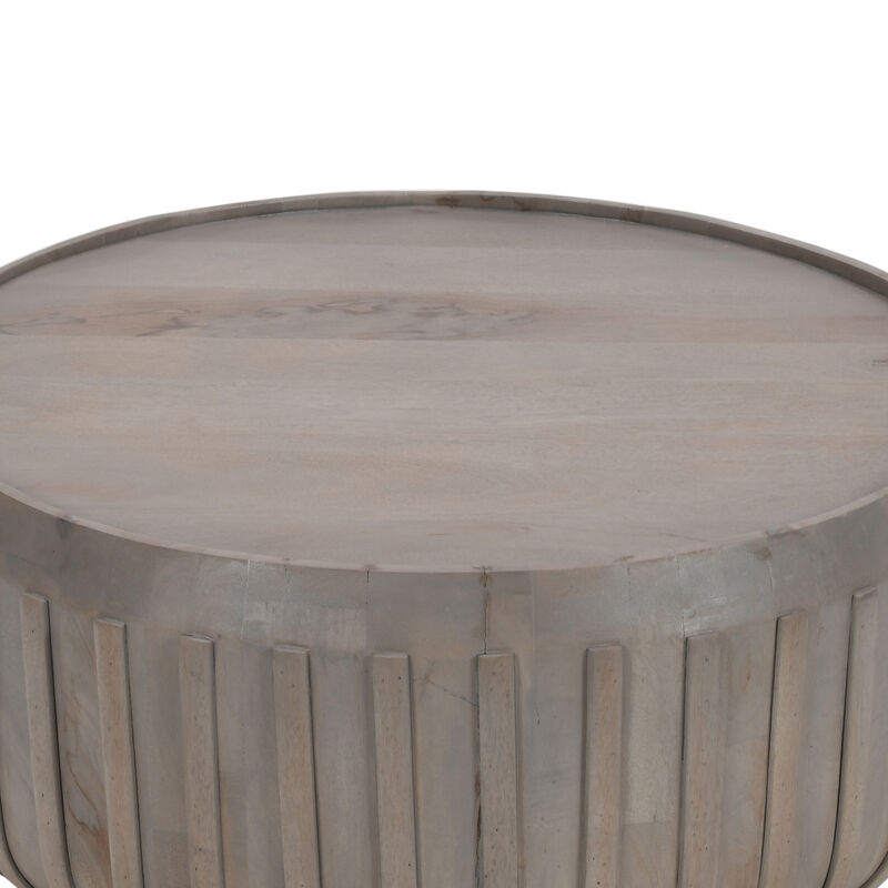 Alisha 36 Inch Coffee Table, Handcrafted Drum Shape with Ribbed Edges, Gray Mango Wood image number 8