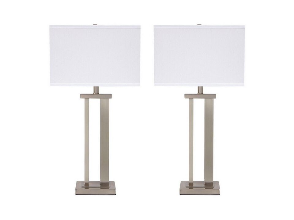 Metal Frame Table Lamp with Hardback Shade, Set of 2, White and Silver - Benzara