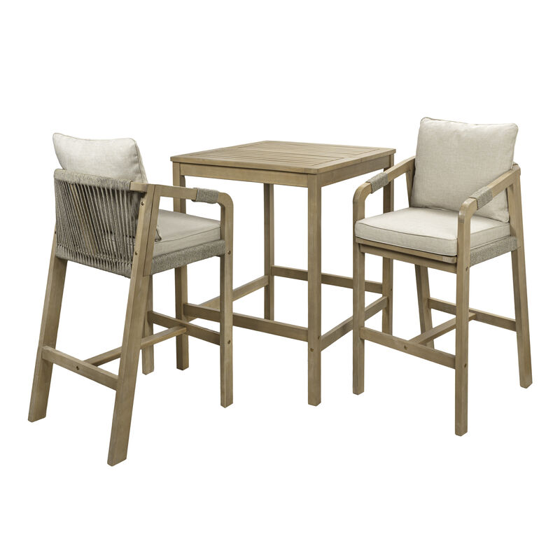 Porto Modern Coastal 3-Piece Acacia Wood Outdoor Square Bar Table Set with Cushions