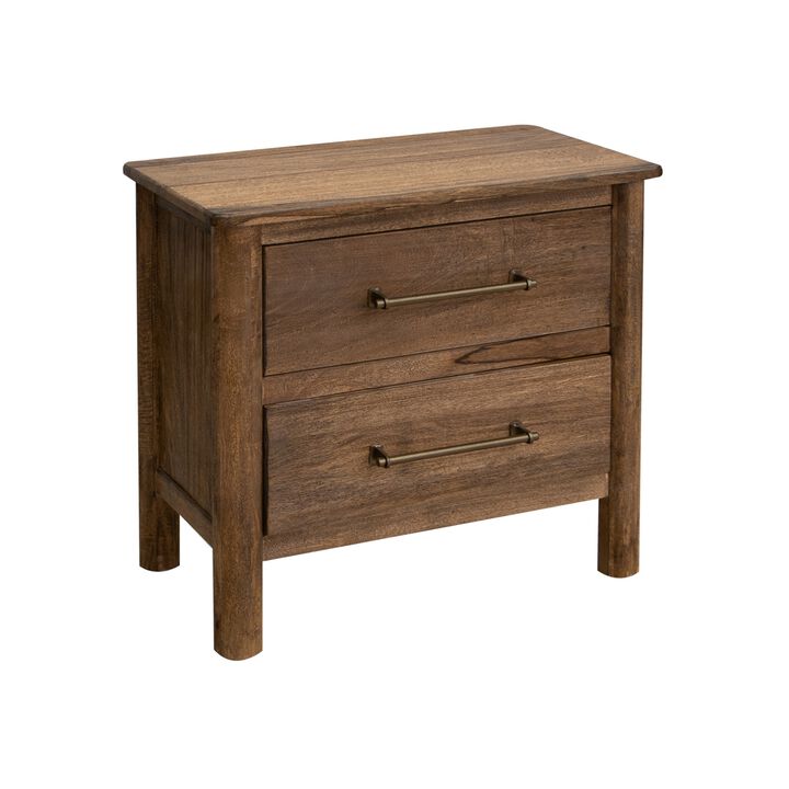 Olum 28 Inch Nightstand, 2 Drawers, Metal Handles, Solid Mango Wood, Brown